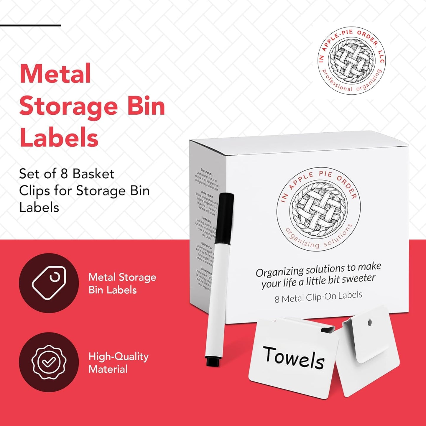 Labels for Storage Bins | Metal Storage Bin Clips (2.5” x 3.5”) - Set of 8 Basket Clip On Tags for Storage Bins w/Non-Slip Grip Pads & Dry Erase Marker - Removable Bin Labels for Storage Baskets