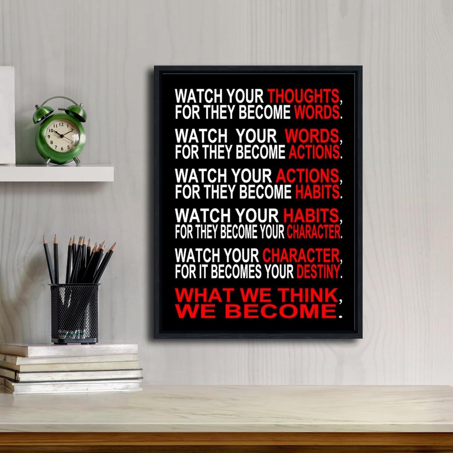 Pyradecor Black Framed Canvas Wall Art Inspirational Poster Office Positive Quotes Watch Your Thoughts Motivational Classroom Artwork for Living Room Home Decorations