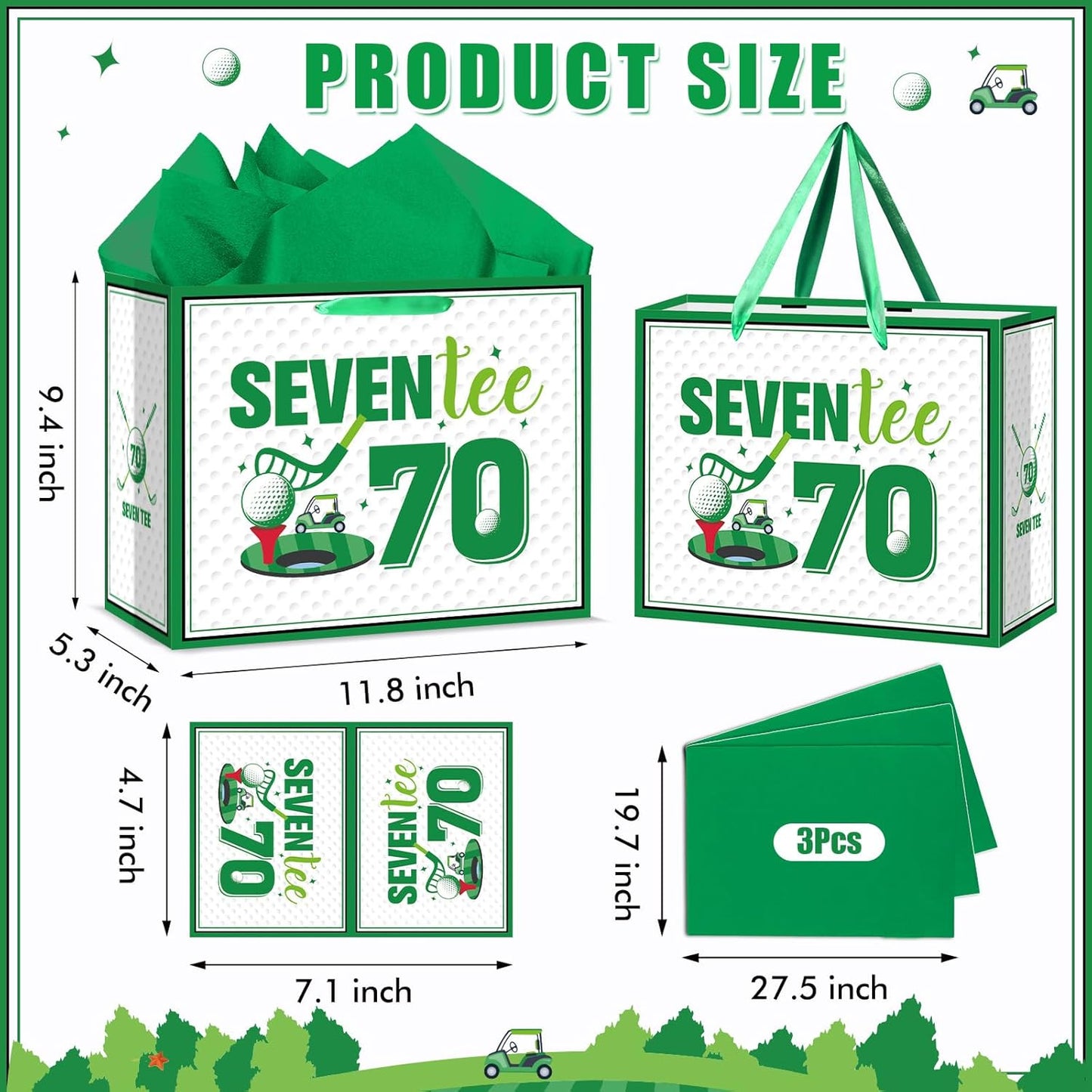 Golf 70th Birthday Gift Bag for Men Golf Happy Seventy Birthday Party Gifts bag with Tissue Paper Greeting Card Seven-Tee Bday Gift Wrapping Bag for Sports Themed Party Decorations Supplies