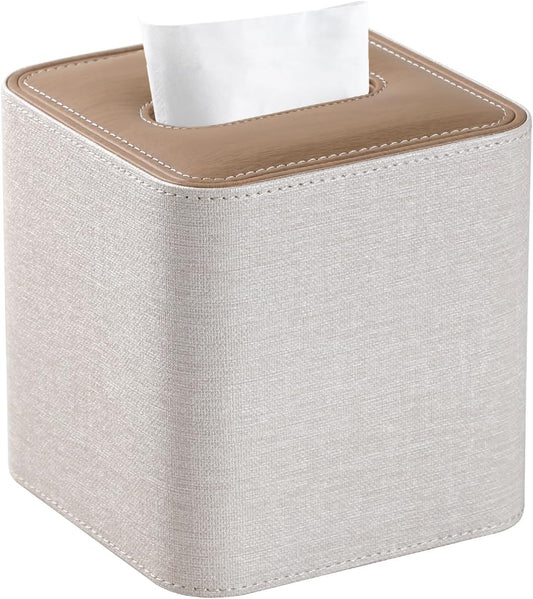 Square Linen Tissue Box Cover with Magnetic Closure, Modern PU Leather Tissue Box Holder for Bathroom Vanity Countertop Night Stands Bedroom Office Desk, Stylish Cube Tissue Holder (Linen)