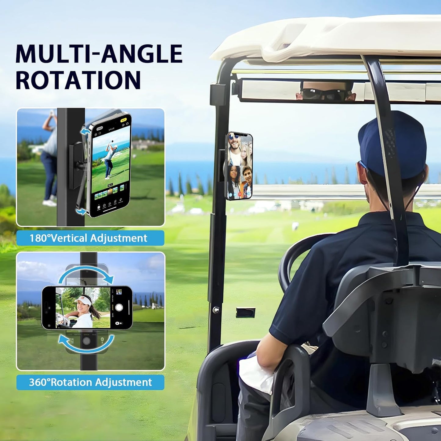 Mixsuper Golf Cart Phone Holder for Iphone 16 Pro Max 15 14 13 All Smartphones, 20× N54 Strong Magnetism Phone Holder for Golf Cart Fit the Ezgo, Club Car, Yamaha, 360 ° Rotation Golf Cart Phone Mount
