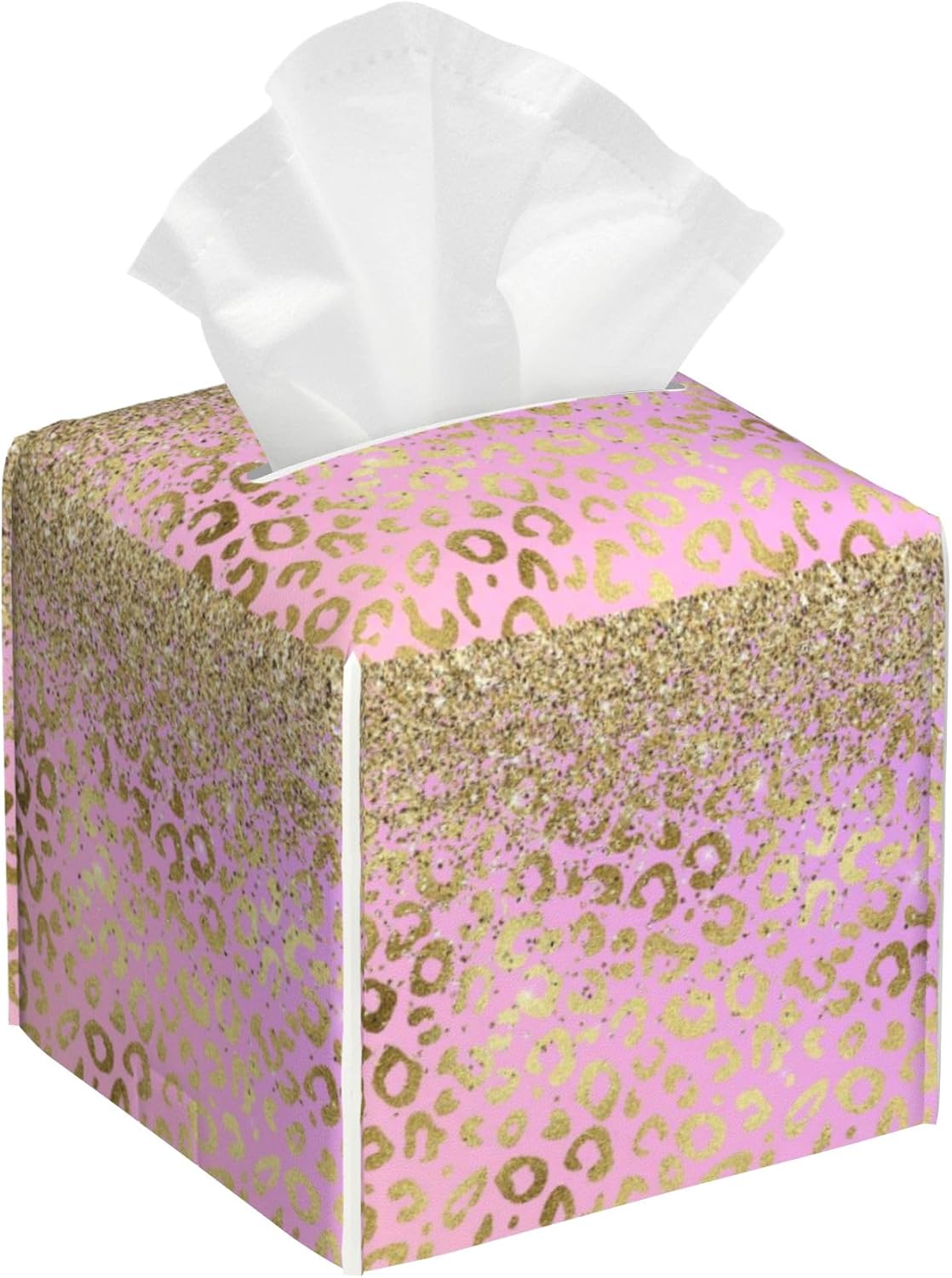 Pink Golden Leopard Tissue Box Cover Square,Gold Glitter Leather Tissue Holder,Waterproof Leather Facial Paper Organizer Tissue Box Cover for Home Office Bathroom Vanity Countertop,5.2" x 5.2" x 5.2"