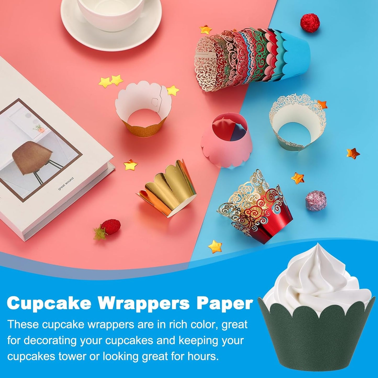 PATIKIL Cupcake Wrappers Paper, 50 Pack Baking Cups Standard Wave Decoration for Anniversary Birthday Weddings and Parties, Navy Green