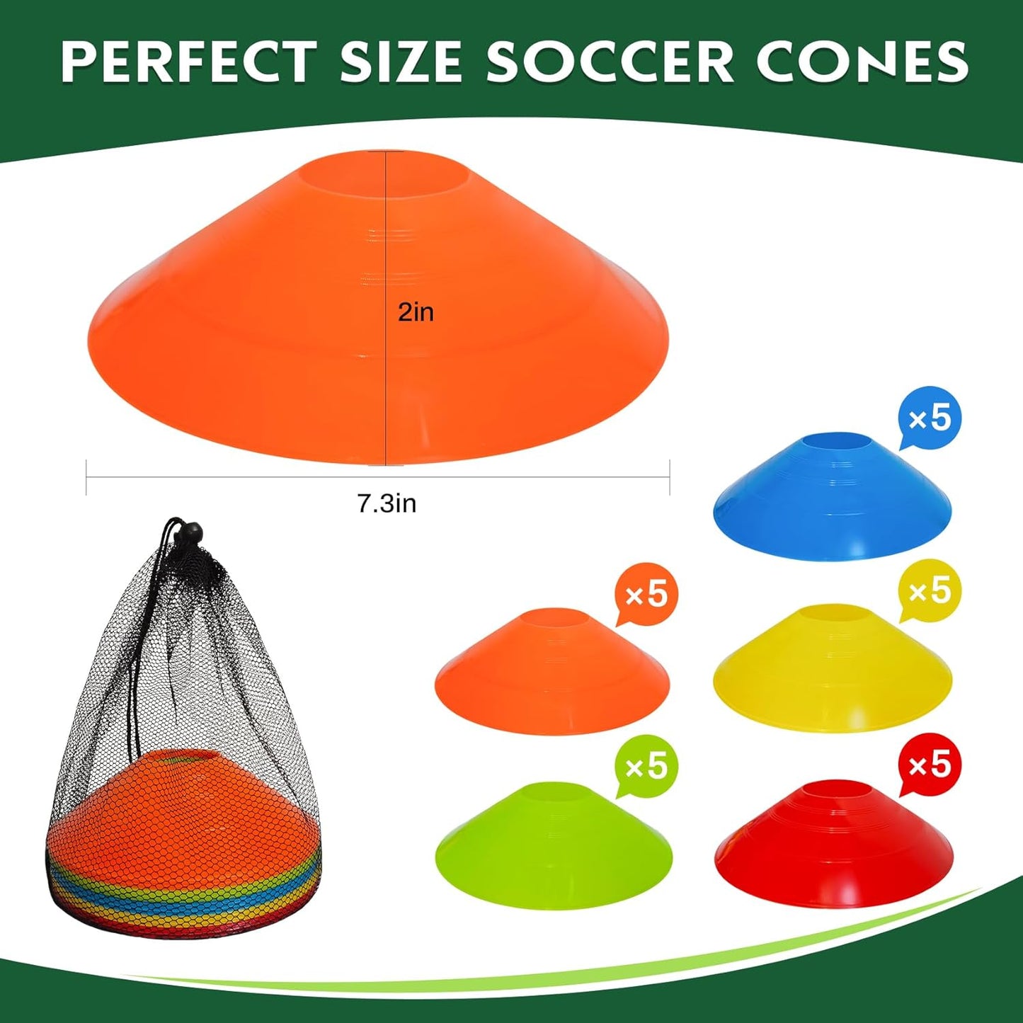 VOGRYE Disc Cones, 25/50/100 Pack, with Carry Bag, 5 Color, for Sports Training, Soccer, Football, Basketball, Coaching, Practice Equipment(25 Pack -5 Color)