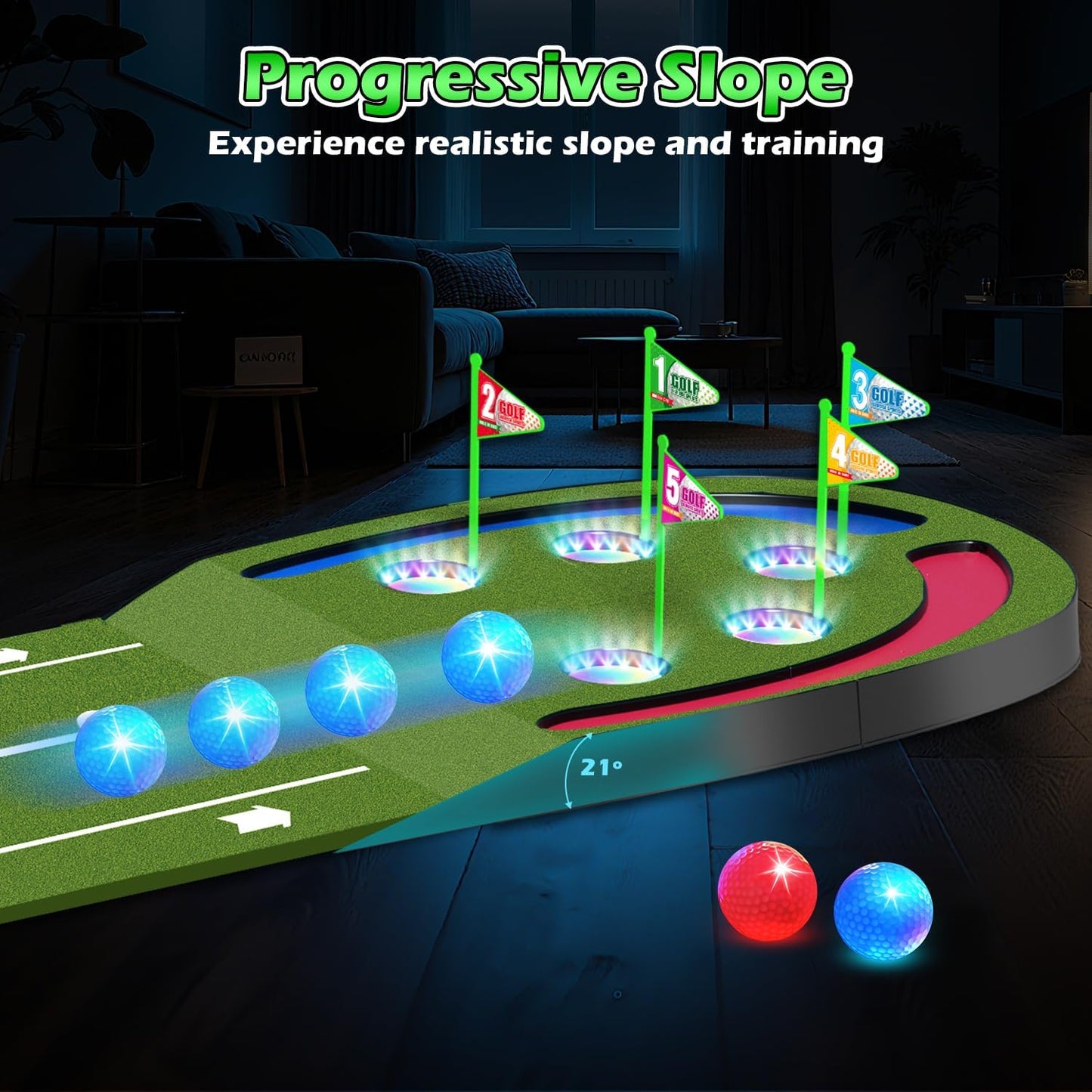 Kids Toy Golf Mat Set, Golf Putting Mat with Light up Holes, Glowing Golf Balls, Putting Green with 2 Clubs, Toy Golf Set,Golfing Mats Indoor Outdoor,Sport Game for Kids Family