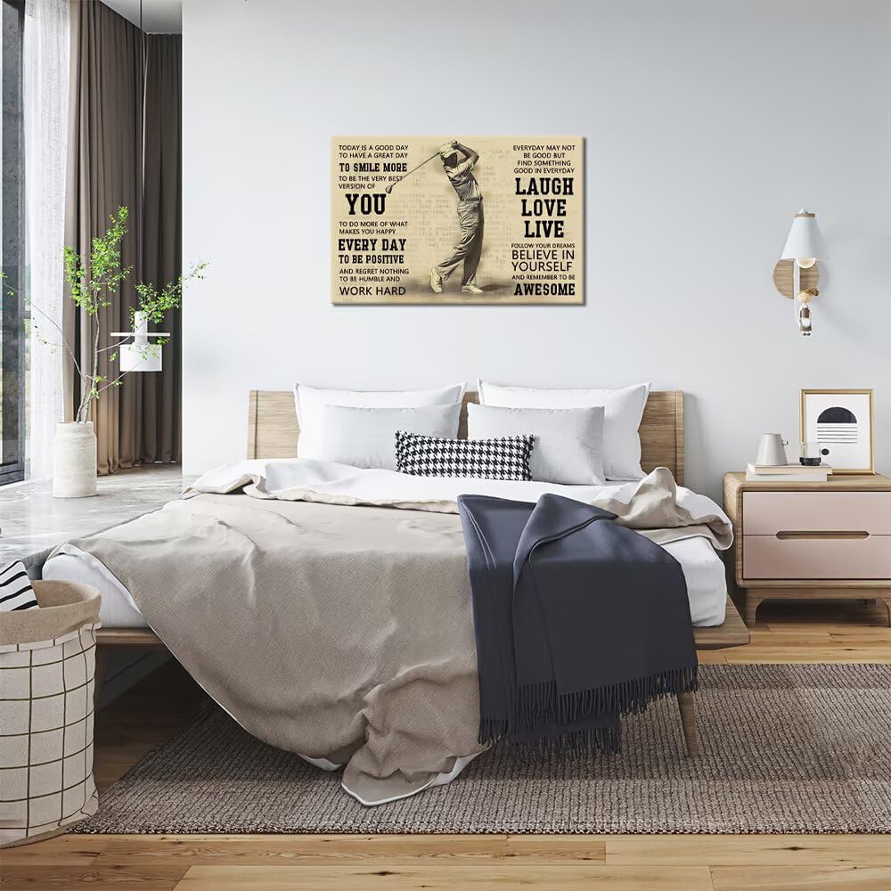 Vintage Golf Poster Inspirational Quotes Wall Decor Today is a Good Day Motivational Pictures Canvas Print Golf Artwork Painting for Boys Room Home Decorations Framed Ready to Hang (18 x 24 inch)
