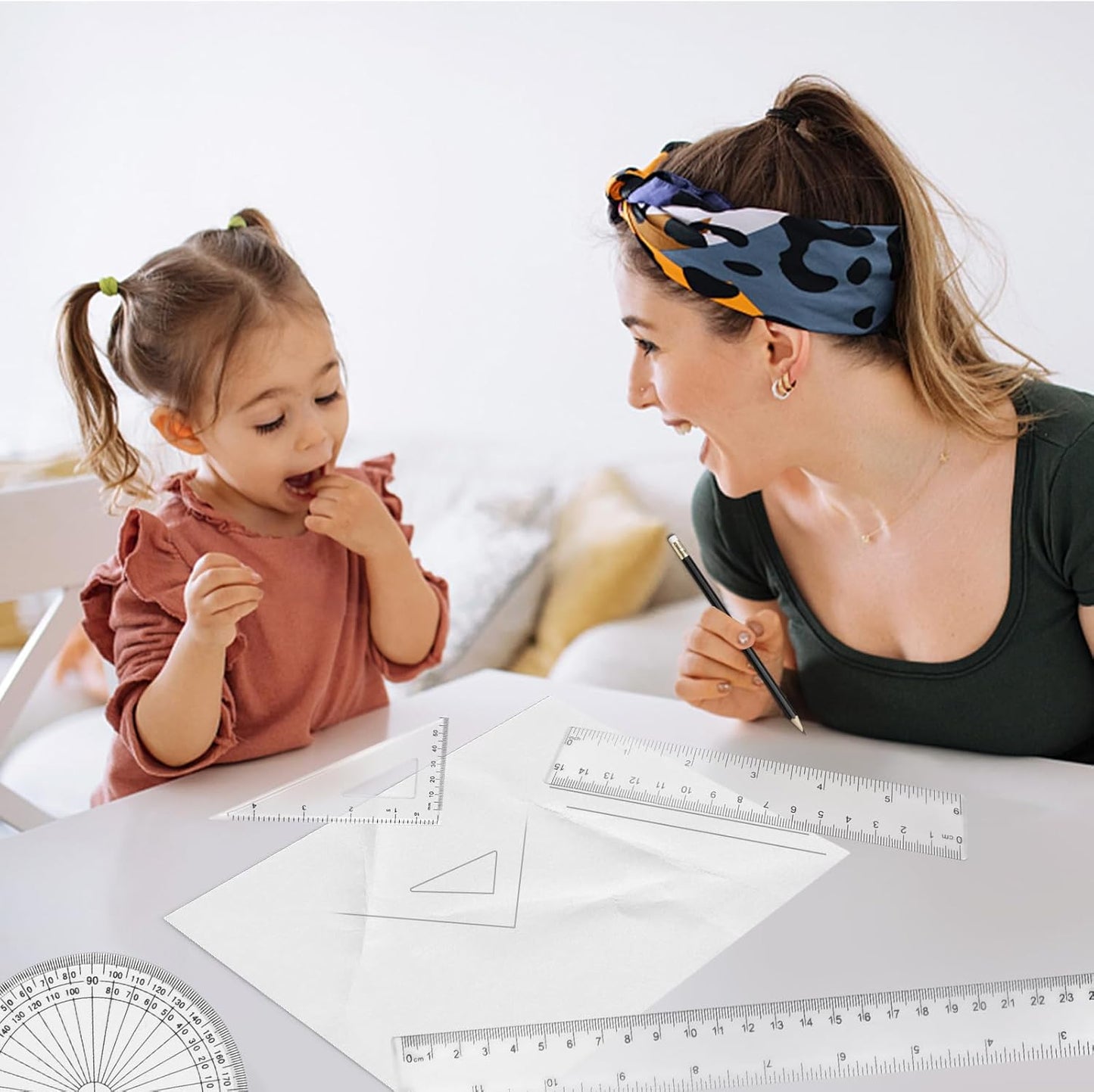 Plastic Clear Ruler Math Set, 2 Protractors 180 Degree 2 Triangle Rulers 45 | 60 Degree 2 Straight Rulers 5.9" | 11.8" Long, Drafting Ruler Geometry Ruler Measuring Tool for School Office Home Supplie