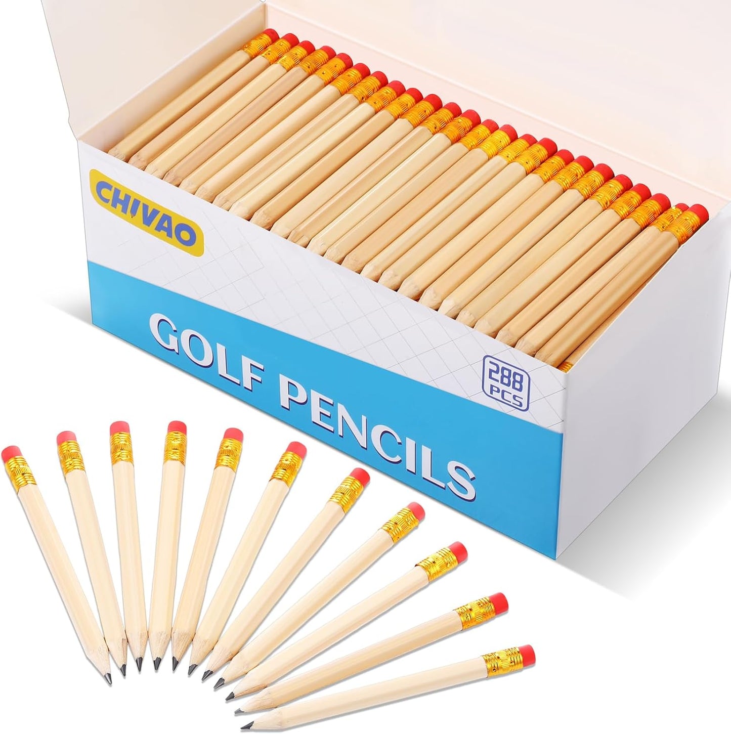 Chivao 288 Pieces Golf Mini Pencils Bulk with Eraser #2 HB Golf Short Pre Sharpened Pencils for Party Favors Office Supplies 4 Inch(Wood Color)