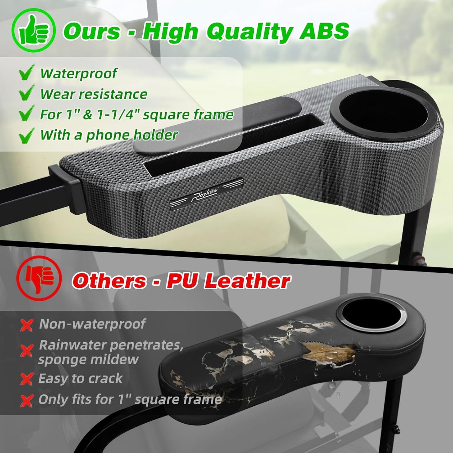 Roykaw Golf Cart Armrest with Cup Holder/Rear Seat Arm Rests Fit for EZGO/Club Car/Yamaha & Most Golf Cart, Upgrade 3rd Gen - with Phone Holder, No Drilling Required, Fit 1.0"/1-1/4" Square Tube Frame