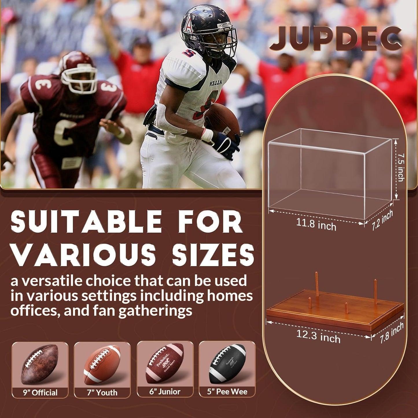 JupDec Football Display Case Full Size, Acrylic Clear Box with Wood Stand, UV Protected Memorabilia Holder, for Football Fans & Collectors, Sports Collectibles, No Assembly Required