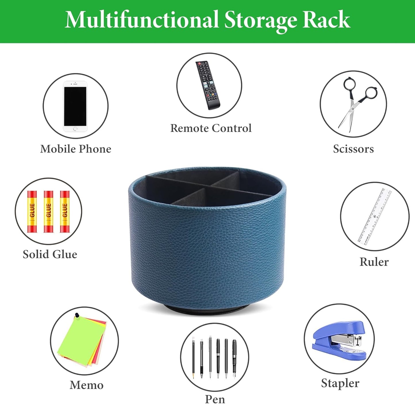 Hennaja Round Leather Art Supply Organizer,Remote Control Holder,360 Degree Spinning,Multi-Functional Pencil Holder,4 Compartments Desktop Stationary Organizer(1-Lichee Green)