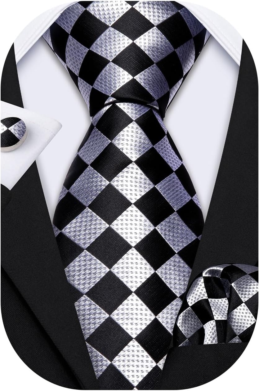 Barry.Wang Designer Classic Ties for Men Set Formal Pocket Square Cufflink Check Plaid