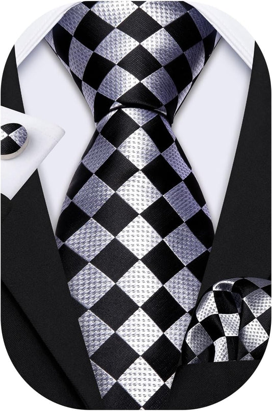 Barry.Wang Designer Classic Ties for Men Set Formal Pocket Square Cufflink Check Plaid