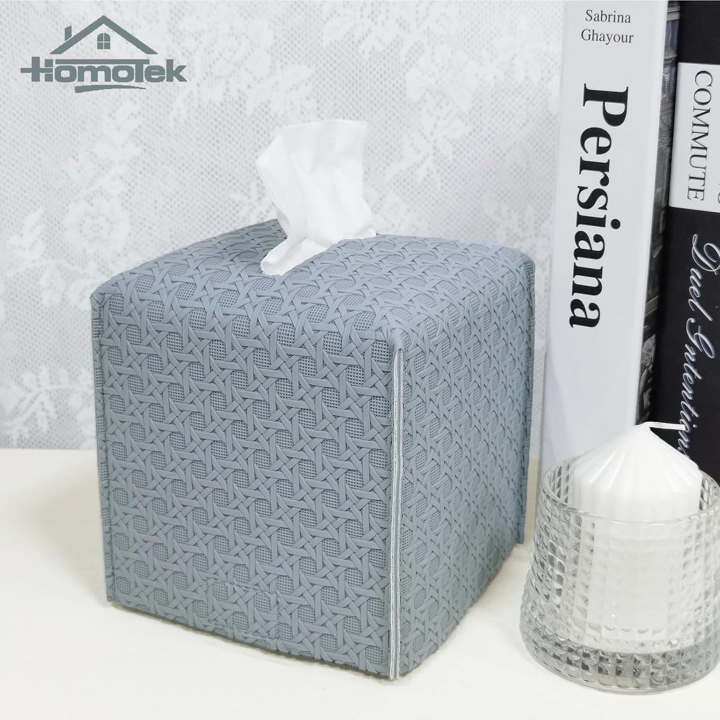HOMOTEK 2 Pack Tissue Box Cover, Square PU Leather Tissue Holder, Decorative Facial Tissue Cube Paper Organizer Dispenser for Bathroom, Night Stands, Desk, Car 5X5X5'' - Rattan Weave, Light Gray