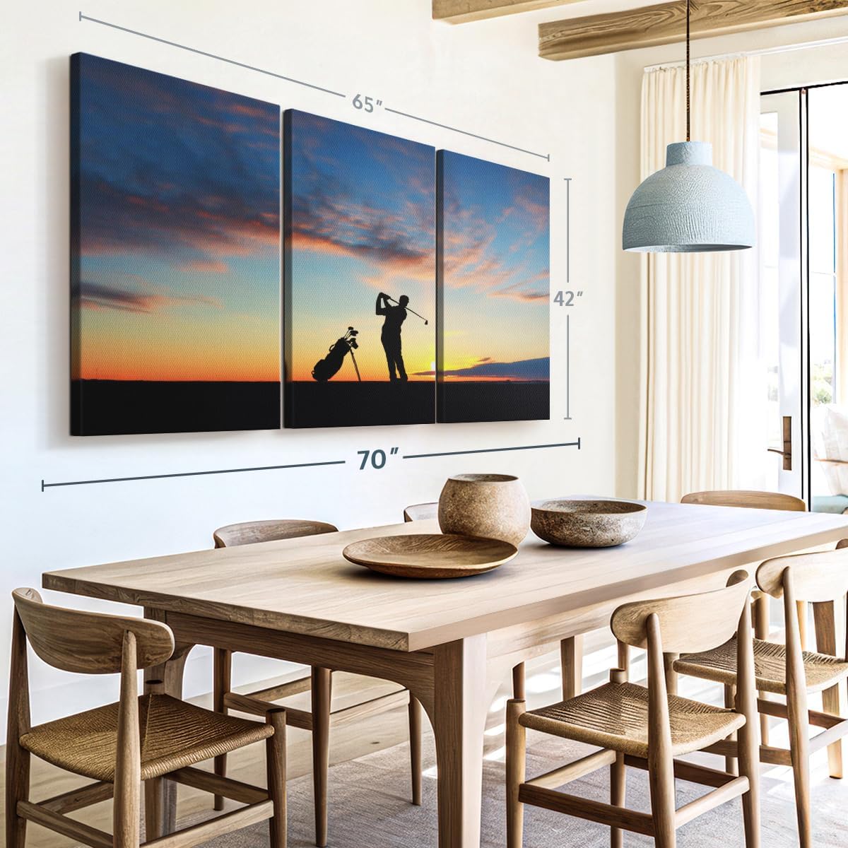 ElephantStock Golfing At Sunset Wall Art - Horizontal Canvas - 3-Piece Living Room Wall Decor - Golf Photography Canvas Print - Black and Orange Decor for Wall - 65" X 42"