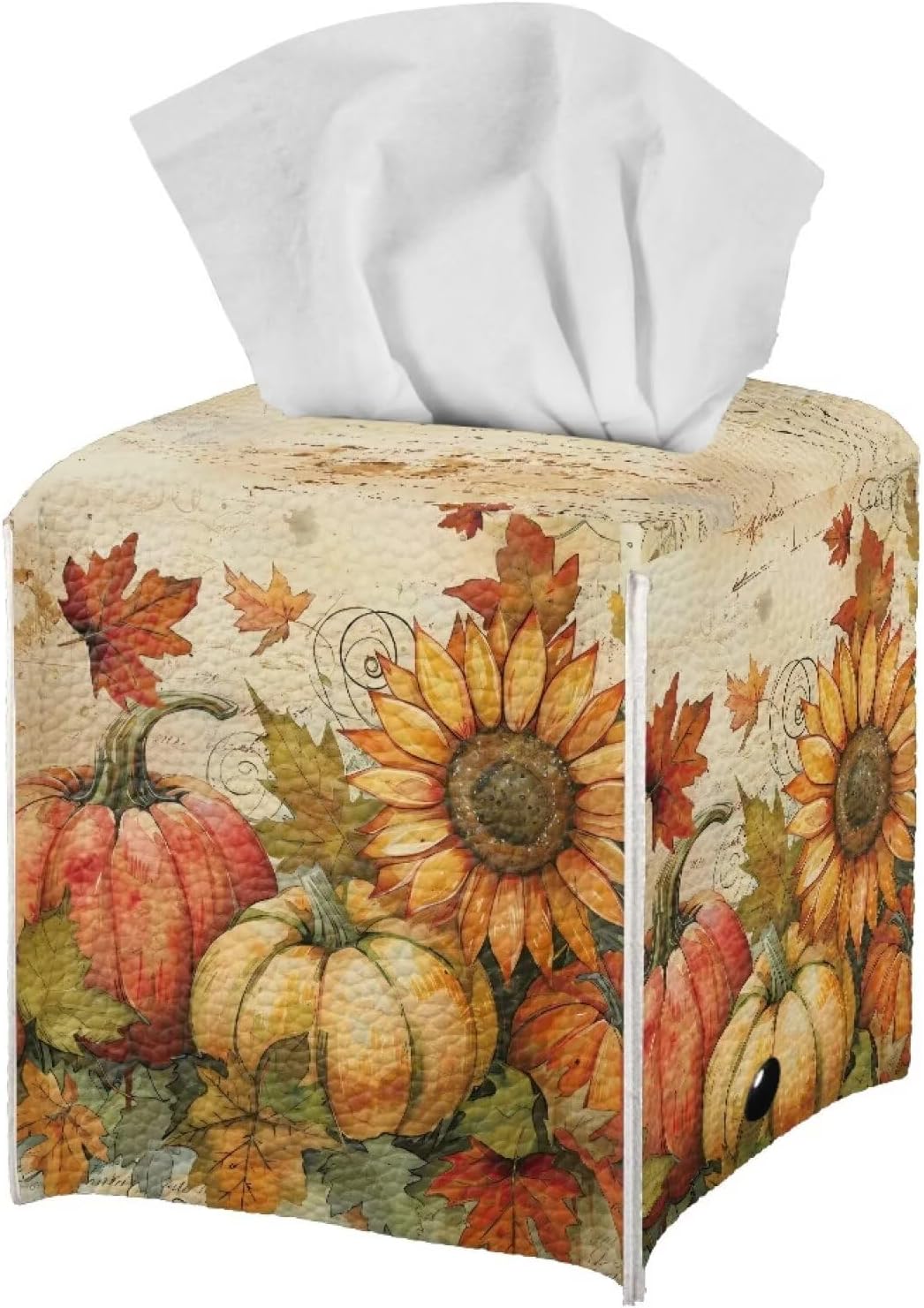 Thanksgiving Tissue Box Cover Cube Leather Tissue Box Holder Sunflower & Pumpkin Facial Paper Organizer 5x5x5 inch Mordern Home Decor for Bedroom Living Room