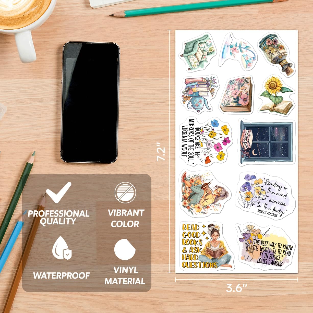 108Pcs Book Lover Aesthetic Stickers Pack for Journal Laptop Ipad Kindle Case Waterproof Vinyl Sticker Set Readers Students Teens Women Club Booktok Scrapbooking