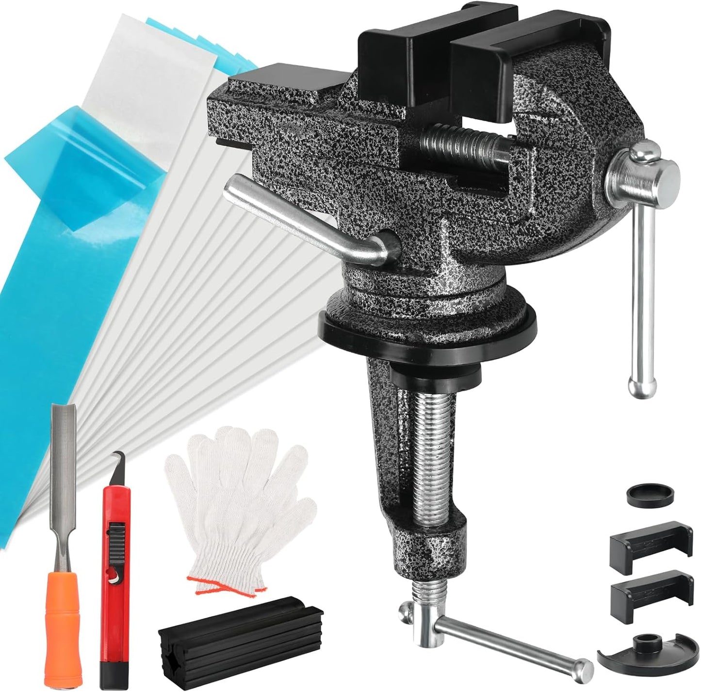 Golf Club Grip Vise Clamp Kit for Regripping, Removal & Replacement with 360-Degree Rotation Table Vise, 15 Double-Sided Tapes, Hook Knife, Scraper Knife, Gloves (No Solvent)