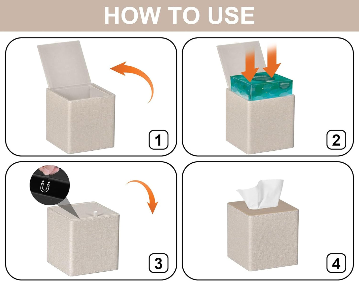 Tissue Box Cover Square PU Leather Facial Tissue Box Holder for Dresser Bathroom Decor (Beige)