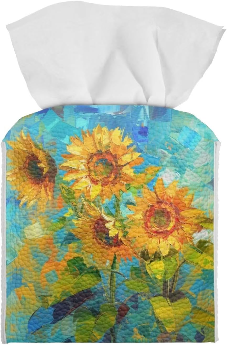 Sunflower Tissue Box Cover Funny Square Leather Tissue Cover 5x5x5 inch Oil Paited Style Home Decorative Facial Paper Box Holder for Desk Bathroom Vanity Countertop
