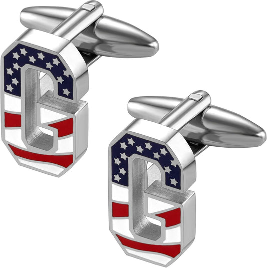 AMITER Initial Cufflinks for Men, American Flag Pattern Cuff Links Men's Shirt Studs Suit Accessories Gift