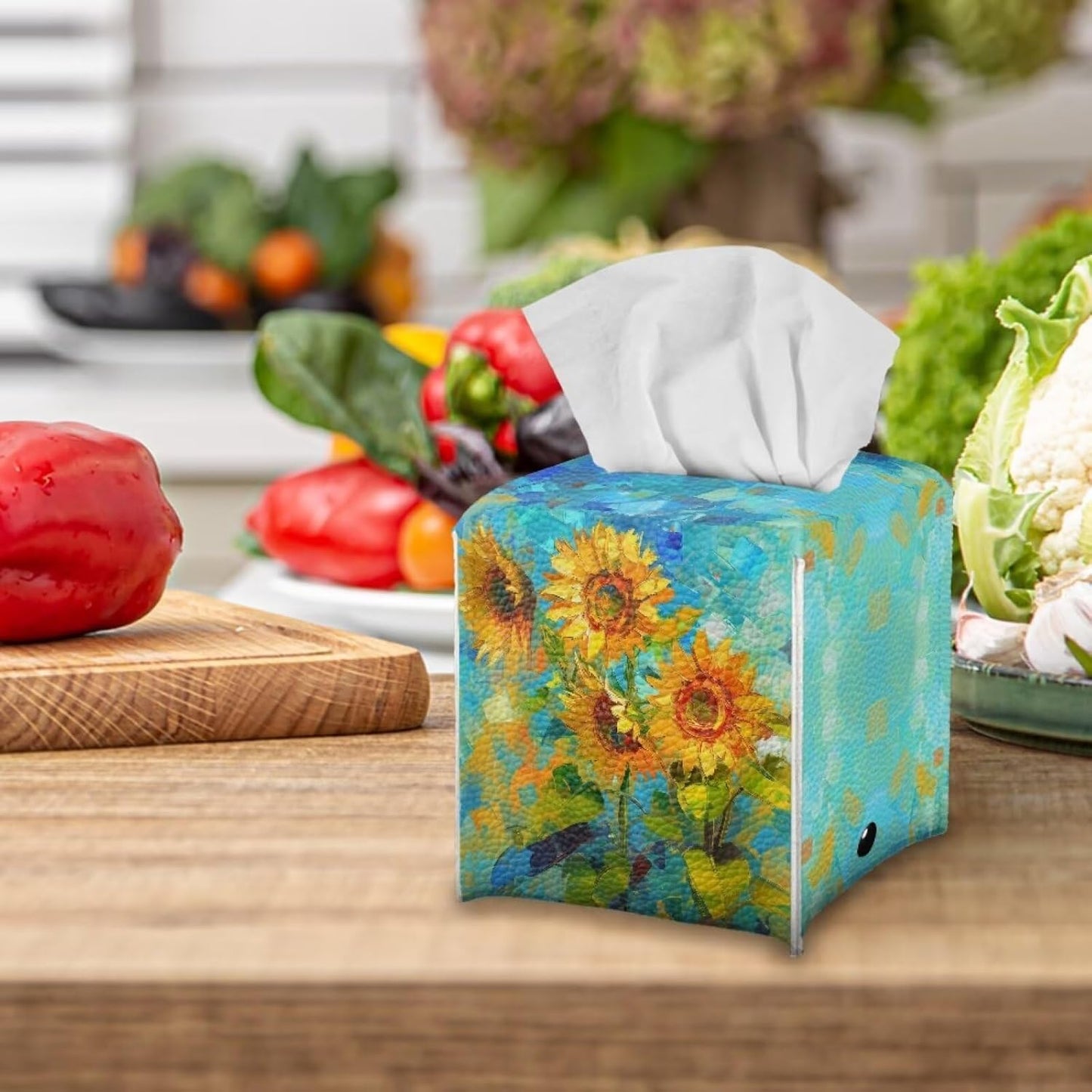 Sunflower Tissue Box Cover Funny Square Leather Tissue Cover 5x5x5 inch Oil Paited Style Home Decorative Facial Paper Box Holder for Desk Bathroom Vanity Countertop