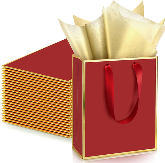 Yeaqee 24 Pack Metallic Paper Gift Bags with Handle and Tissue 9x7x3.1 Gold Foil Welcome Favor Bags Return Gifts for Wedding Fall 5 Senses Christmas Bridesmaid Birthday(Burgundy Red and Gold)