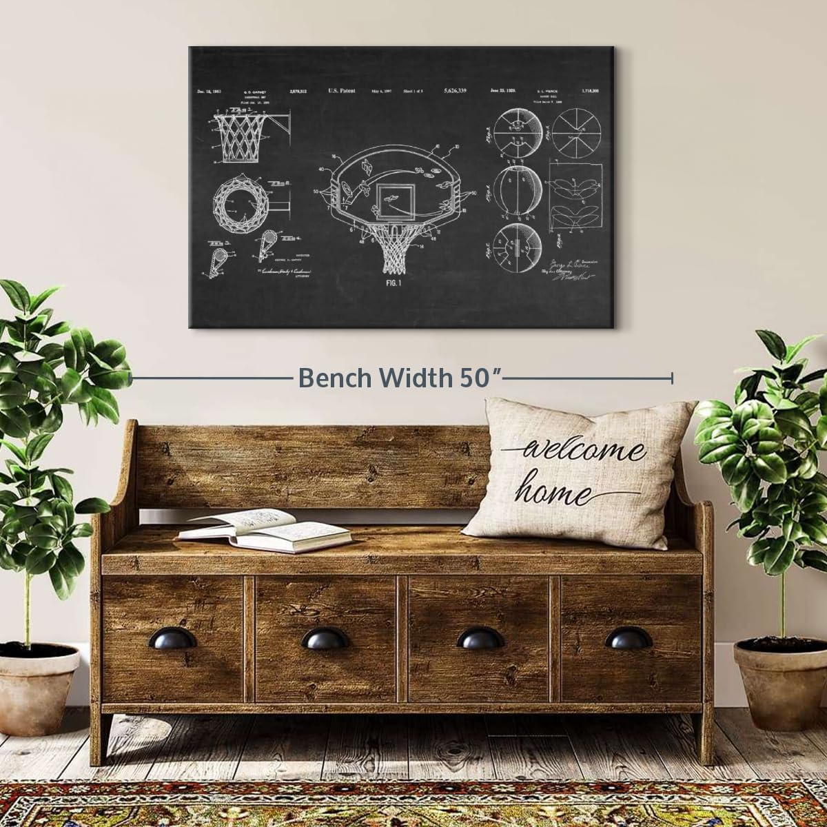 ElephantStock Basketball Patents Canvas - 1 Panel Sports Patent Wall Art Decor - Sports Decorations for Boys Room - Wall Art and Office Decor - 39" X 26"