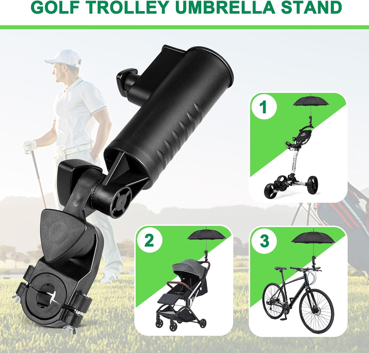 Golf Push Cart Umbrella Holder 180 Degrees Adjustable Golf Trolley Umbrella Holder, Universal Umbrella Stand Attachment for Golf Cart/Stroller/Wheelchair/Bike