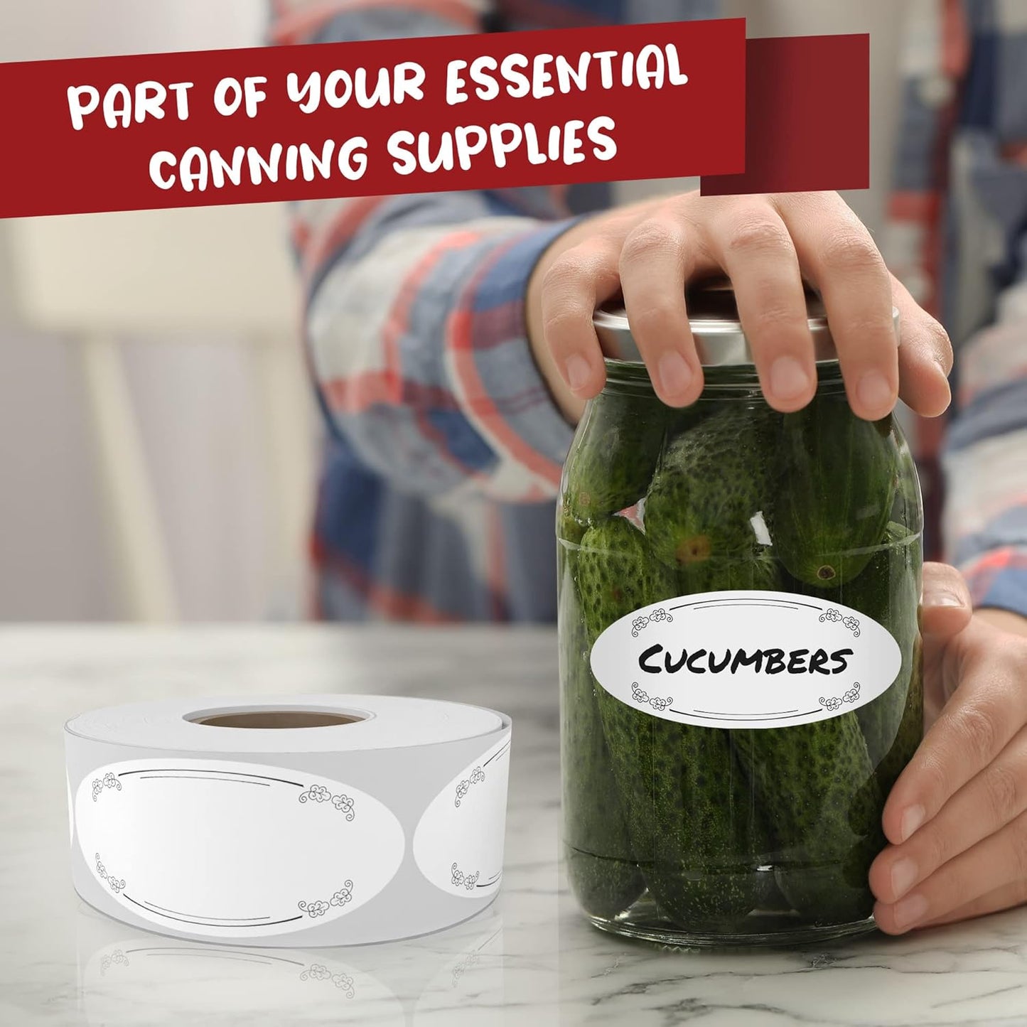 MESS Dissolvable Canning Labels - 1x2.25 in, 150/Roll - Removable Mason Jar Labels - Jam, Preserves (Leaves)