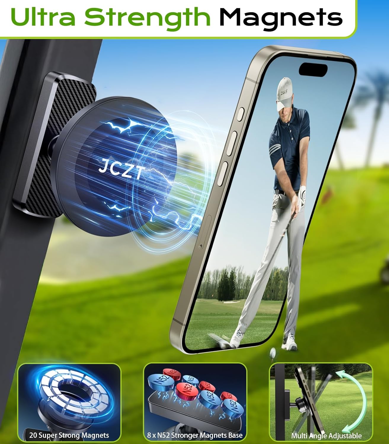 Magnetic Golf Cart Phone Holder Compatible with MagSafe iPhone 17 Pro Max Plus 16 15 14 13 12 Fits EZGO, Yamaha, Club Car, Icon, Golf Cart Accessories Essentials Gift for Friend Men Women Black