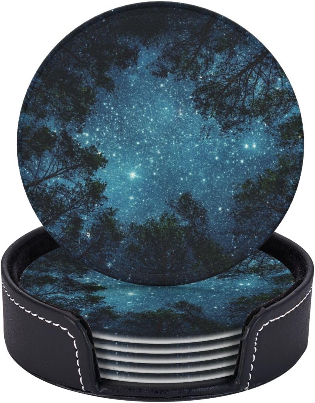 Night Sky Cool Tree Space Star Coasters for Drinks Round Leather Coaster with Holder Set of 6 for Tabletop Protection Desk Accessories Office Home Room Decor