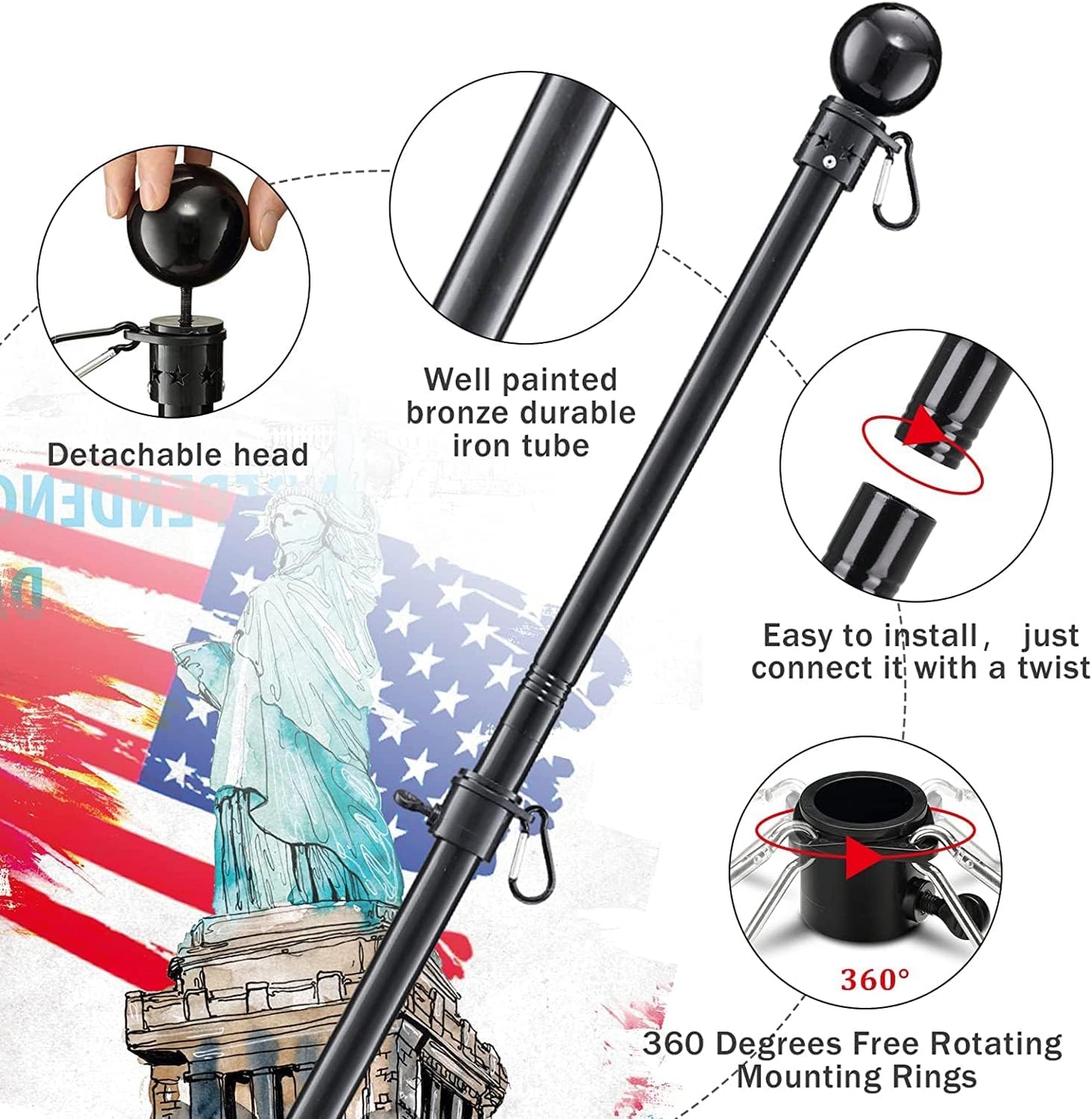 Flag Pole for Outside House - 6ft Heavy Duty Metal Flag Pole Kit, Tangle Free Spinning Flagpole Holder For Outdoor Porch Residential Decoration - Black