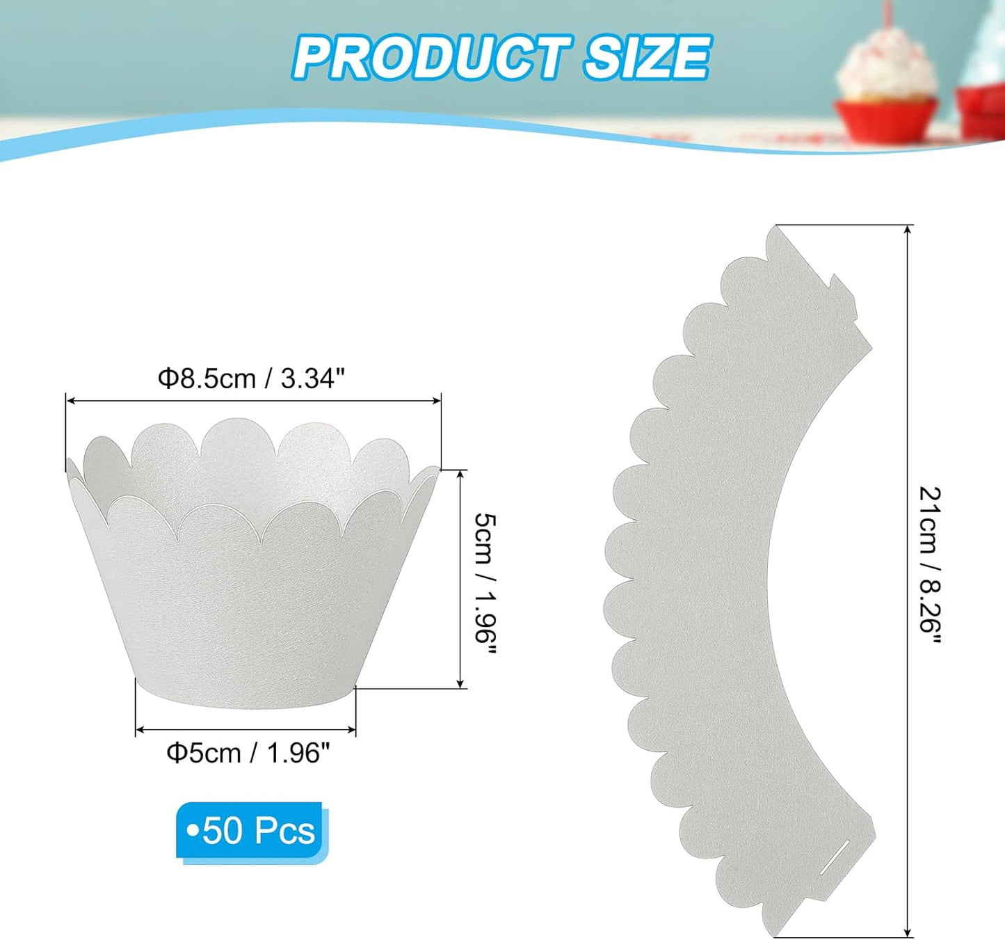PATIKIL Cupcake Wrappers Paper, 50 Pack Baking Cups Standard Wave Decoration for Anniversary Birthday Weddings and Parties, Silver