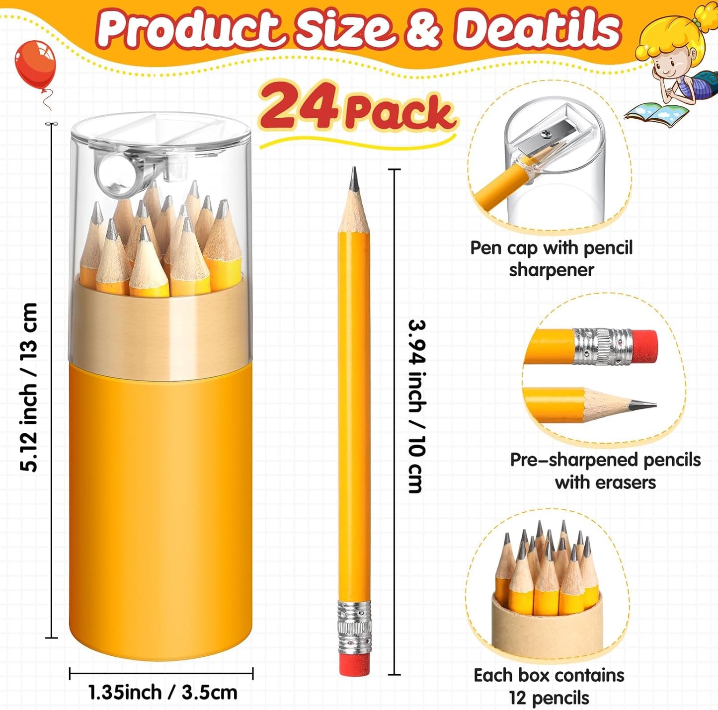 24 Pack Mini Golf Pencils Bulk with Eraser Sharpener 288 Pcs 2hb Pre-sharpened Yellow Half Pencils Short Pencil Gift for Kids Operation Christmas Items Classroom Party Favor Supplies Golf