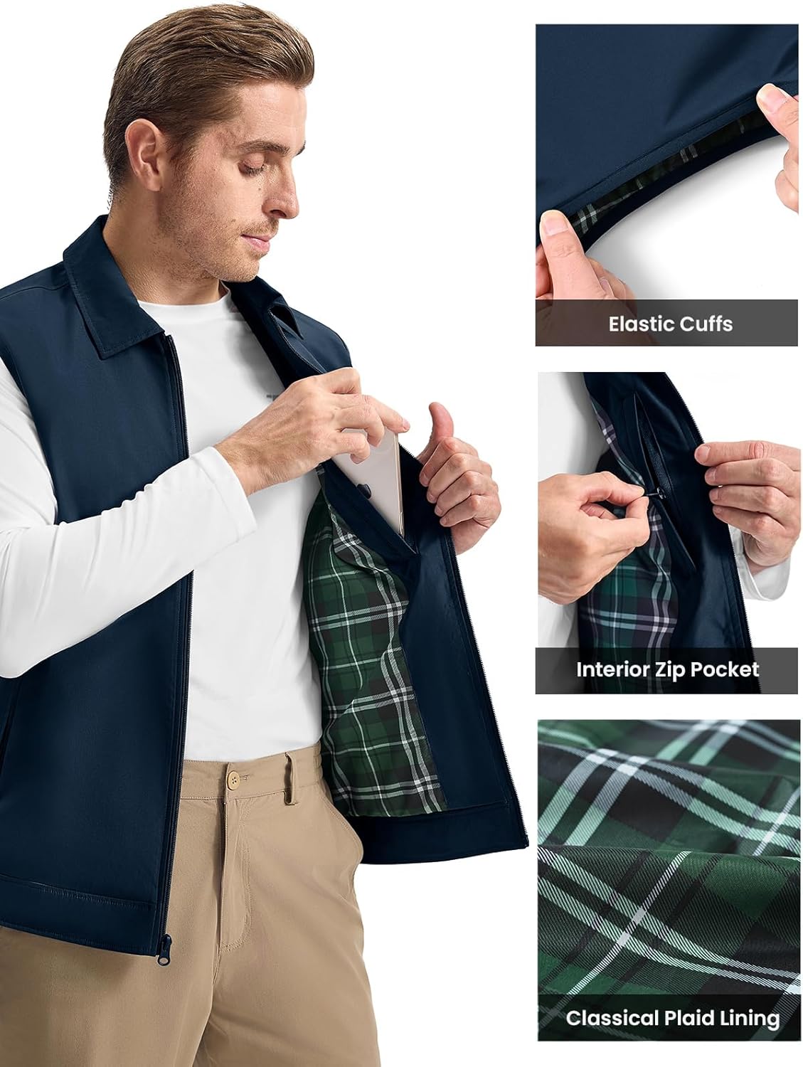 Rdruko Men's Golf Vest Lightweight Outerwear Windproof Water Resistant Grid Lining Vest with Zipper Pockets for Casual