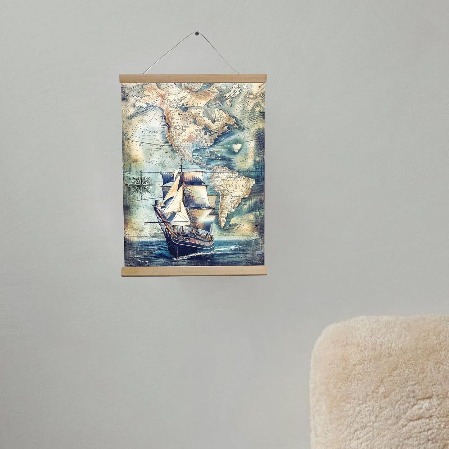 Vintage Coastal Wall Art Nautical Map Retro Art Prints,Boy Wall Art For Bedroom Ocean Art Compass Ship Wall Decor Modern Family Bedroom Decor Posters 12x16in