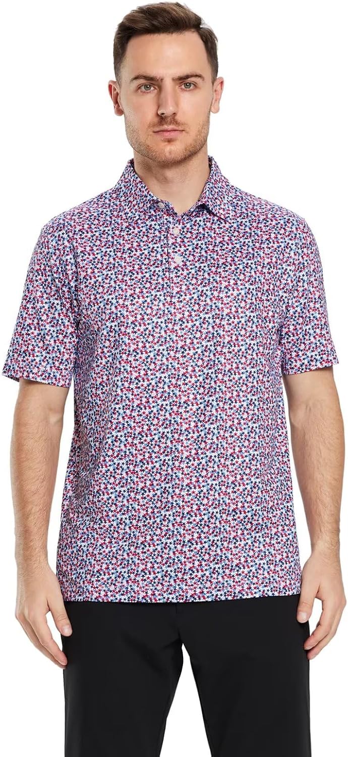 Golf Shirts for Men Dry Fit Short Sleeve Print Performance Moisture Wicking Polo Shirt