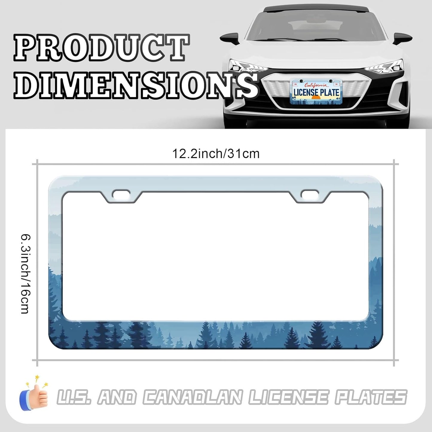 Mountain Forest License Plate Frames - 2 Pack Front Rear Mountains Tree License Plates Holder Covers, Aluminum Metal Rust-Proof Waterproof Car Tag Frame with Screws Fasteners Caps