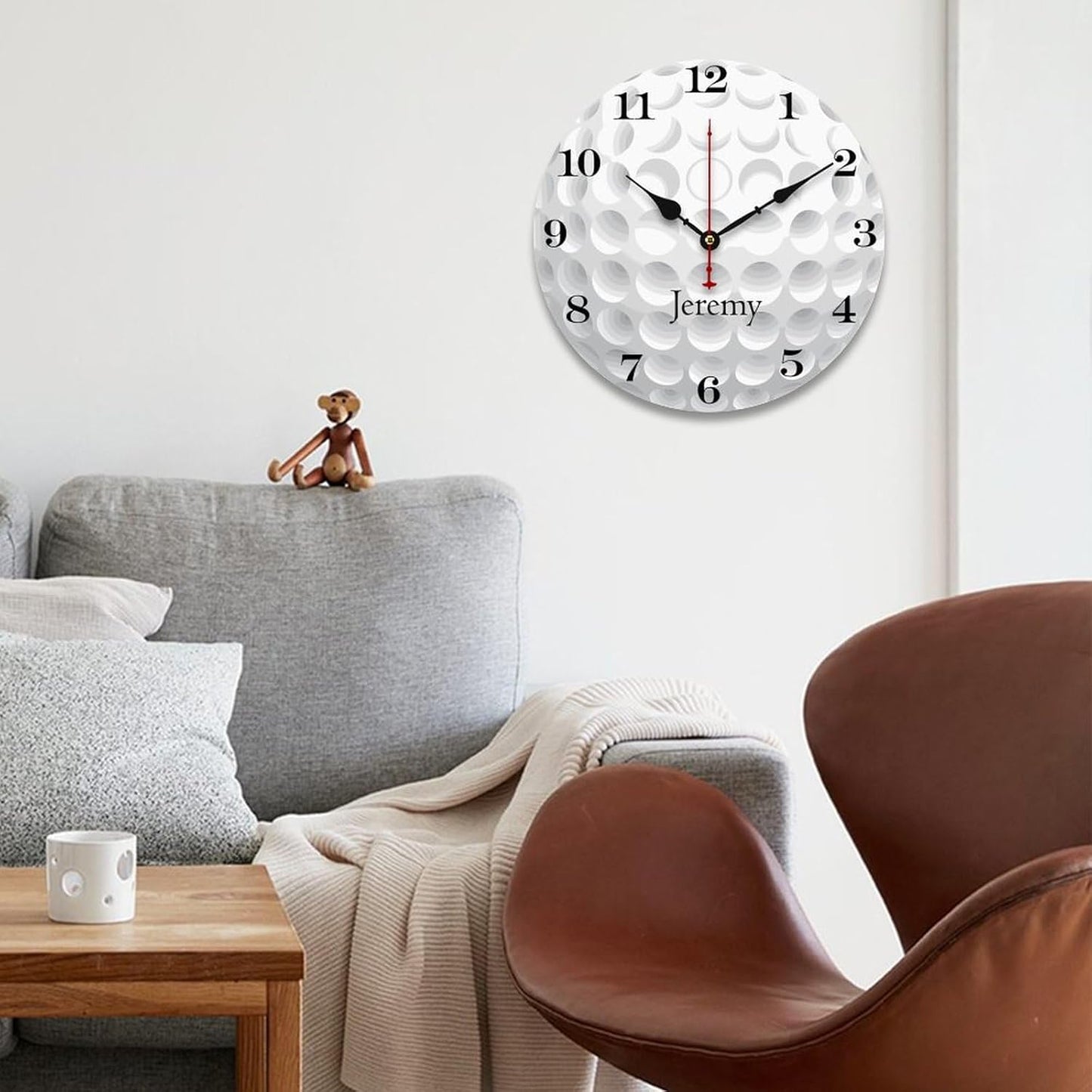 12 inch Golf Ball Personalized Name Wall Clocks Battery Operated for Kids Bedrooms Nursery School Playroom Decor,Custom Kids Name Wall Clock,Golf Ball Decor Wood Round Clock Silent for Children Room