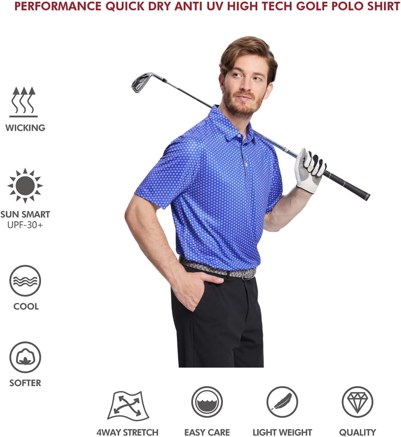 Golf Shirts for Men Dry Fit Short Sleeve Print Performance Moisture Wicking Polo Shirt