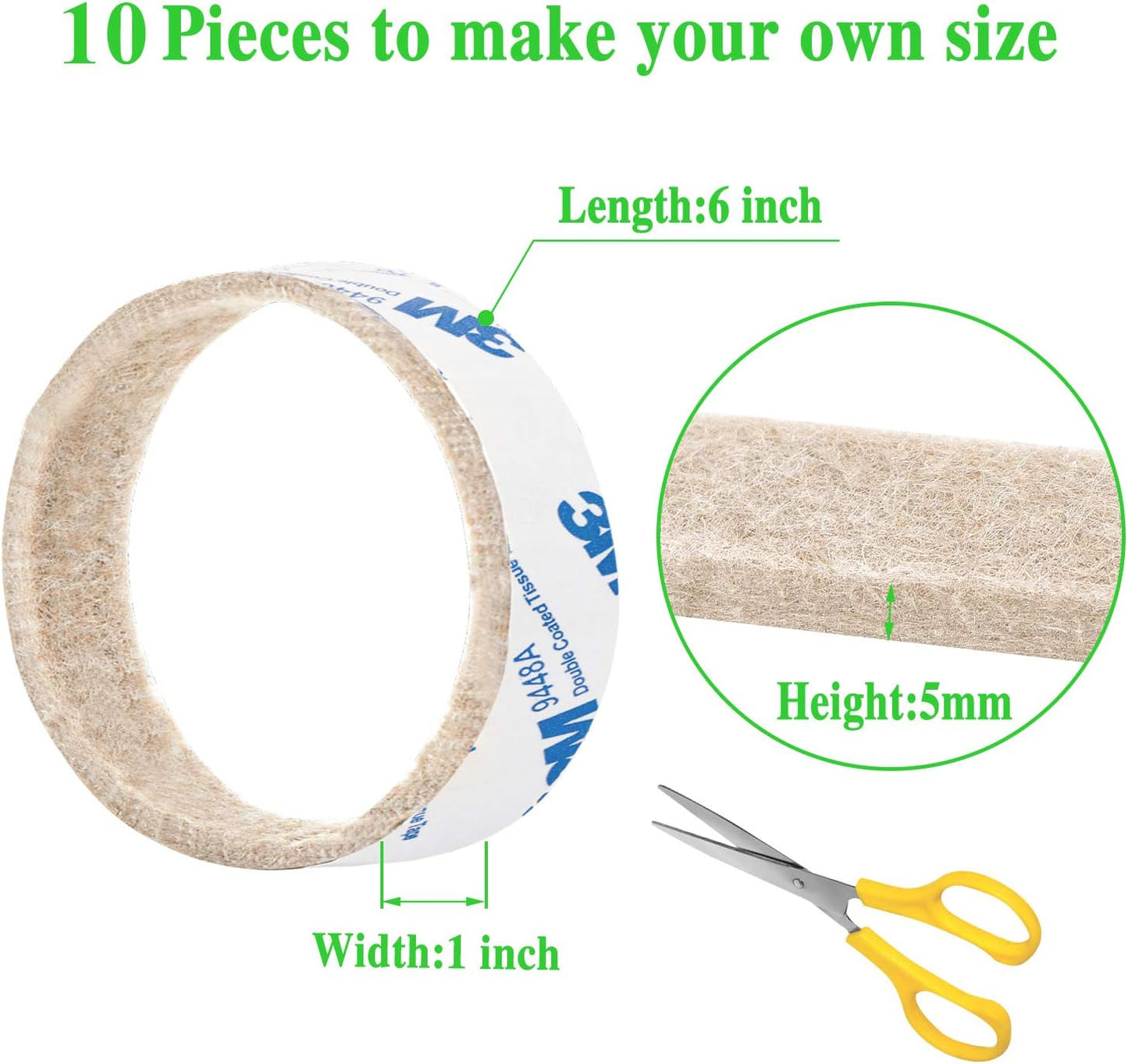 Felt Strips 10Pieces Pack 1x 6 Inches Self Adhesive Beige Furniture Felt Strips Anti Scratch Heavy Duty 5mm Thick Floor Protector for Rocking Chair for Hardwood Floor