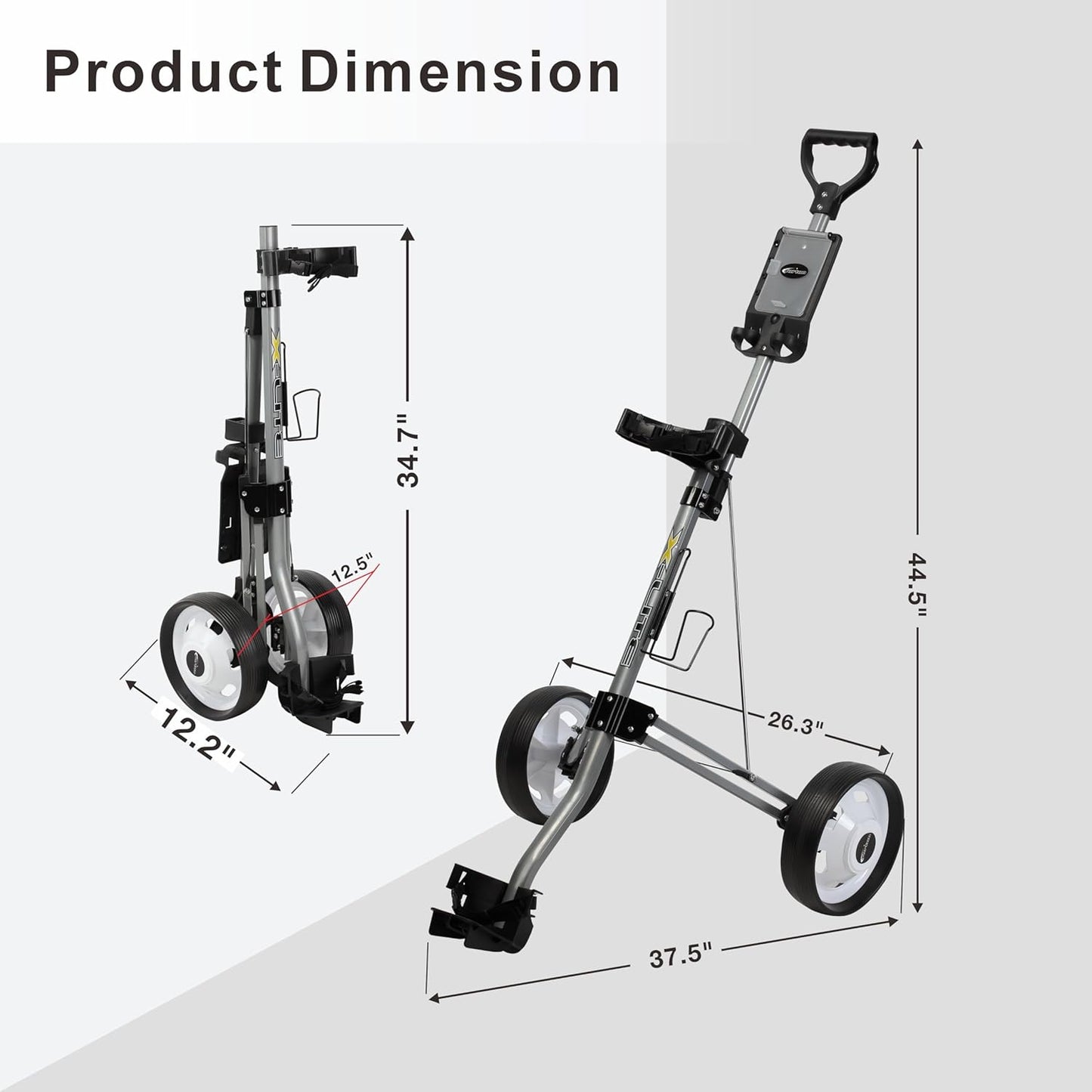 X-Lite Golf Push Cart Two Wheel, Ultra Lightweight & Compact Golf Bag Cart, Foldable for Easy Storage, Ergonomic Handle, Built-in Scorecard & Ball Holder, Smooth Rolling Wheels, Silver