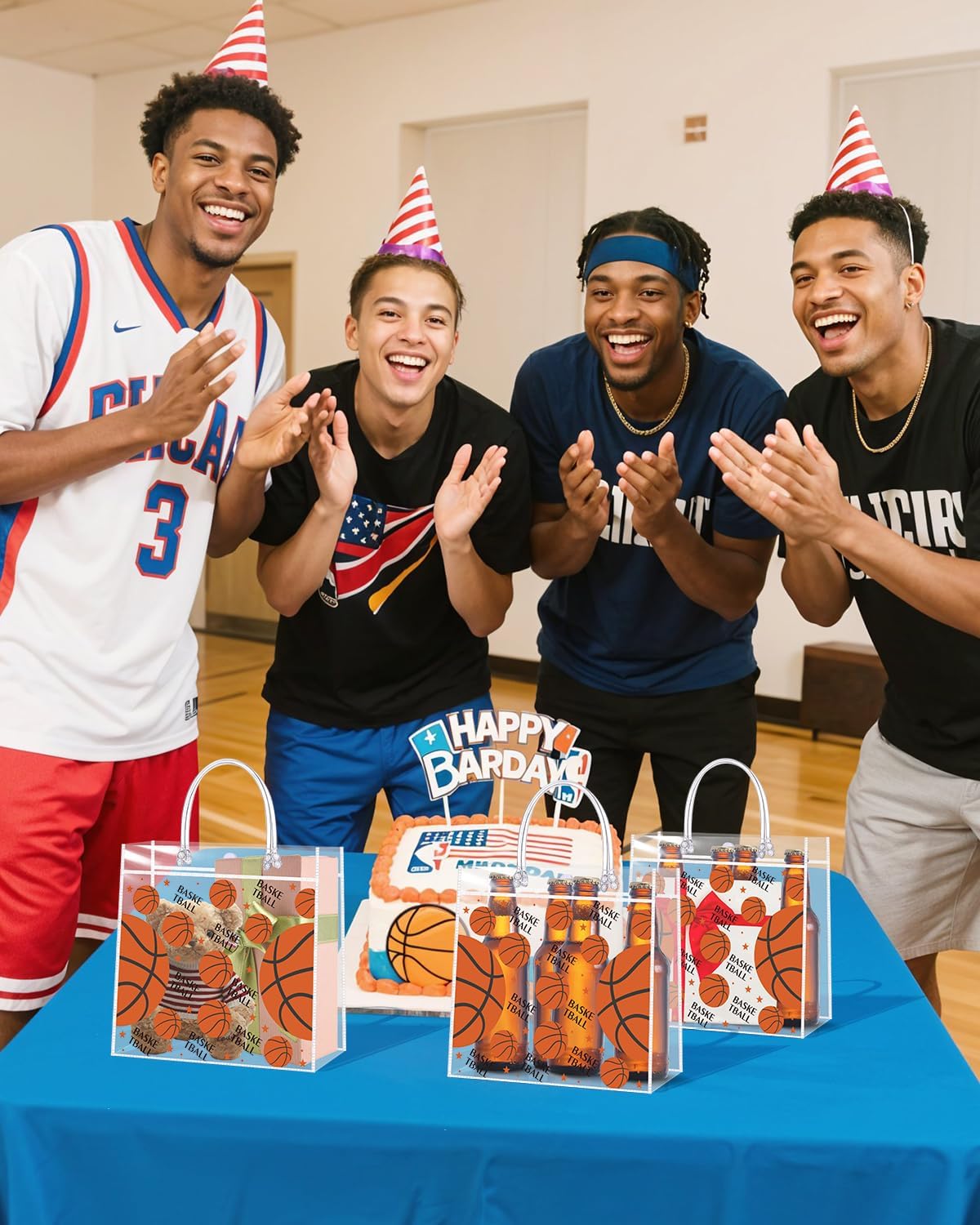 24 Pieces Clear Basketball Gift Bag with Handles Transparent PVC Basketball Goodie Bags 8 x 8 x 3.2Inch Sport Theme Party Favor Bag for Birthday Holiday Sports Team
