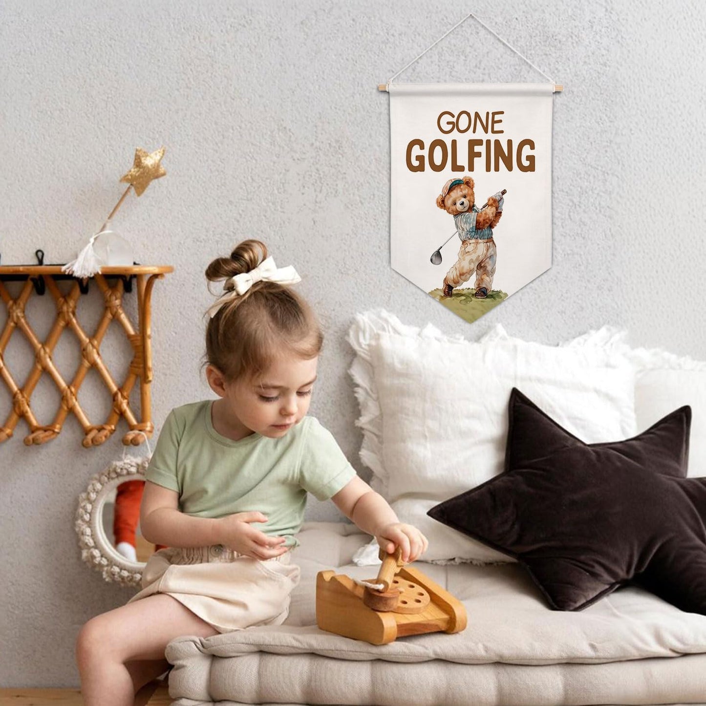 ArtisaEura Bear Nursery Golf Wall Canvas Banners, Bear Nursery Decor, Gone Golfing Hanging Display Pennant Banner Flags, Cute Animals Wall Decor for Kids Room Bedroom Playroom