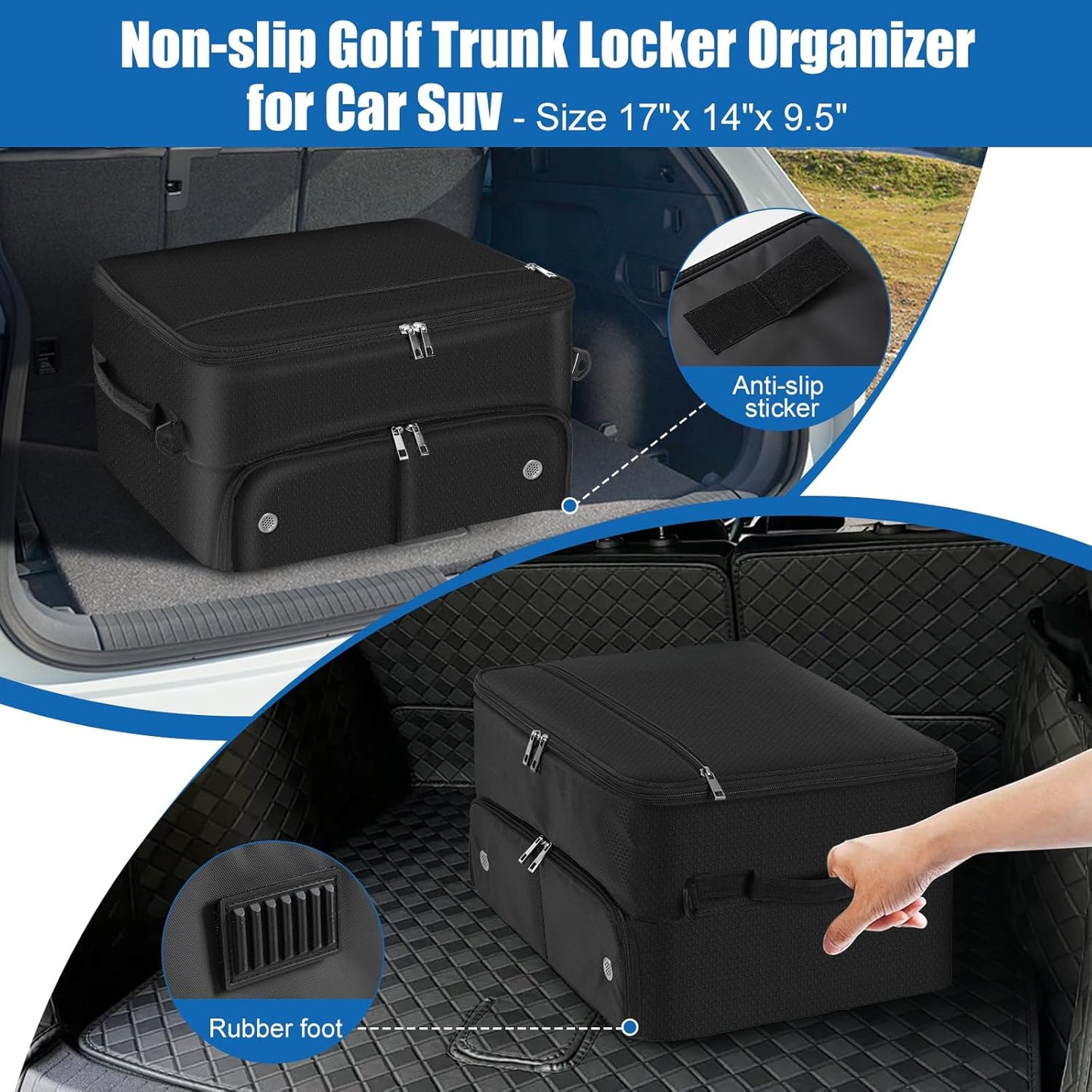 Golf Trunk Organizer for Car SUV with Shoe Compartment & Divider | 2-Layer Golf Storage Bag for Balls, Tees, Accessories | Waterproof Golf Locker Gift for Men, Dad, Golfers