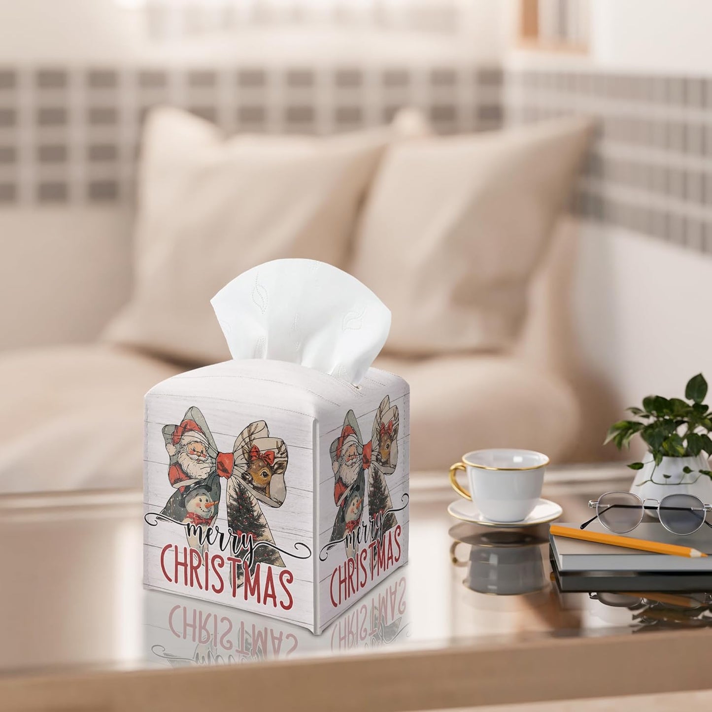 Merry Christmas Tissue Box Holder, Santa Claus Bow Reindeer Snowman Leather Tissue Box Cover Square, Paper Facial Decorative Tissues Cover for Bathroom Kitchen Office Home Decor-B26