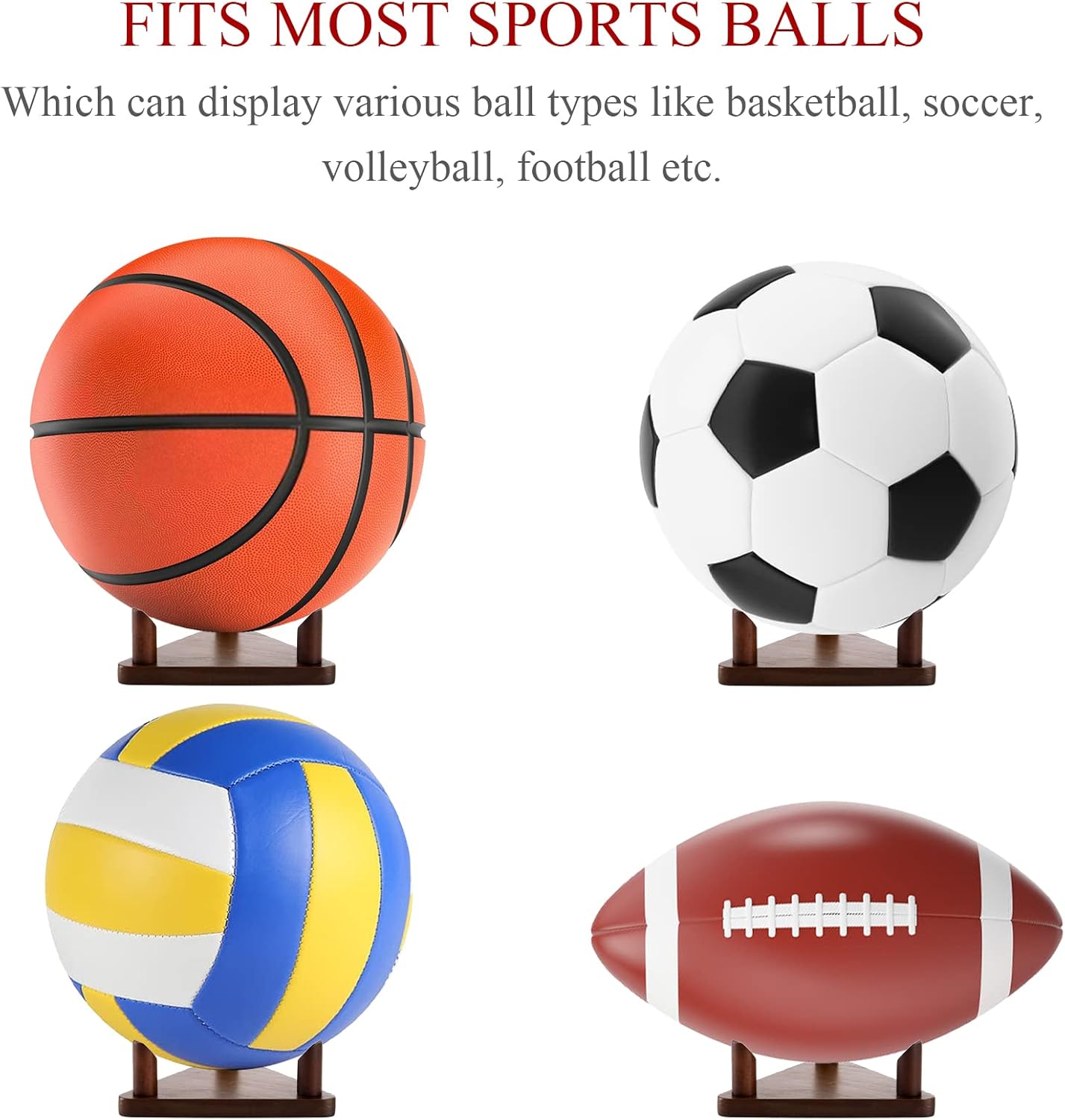 Frcctre 3 Pack Wooden Ball Stand Holder Display Stand for Football, Basketball, Soccer, Volleyball, Rugby - Wood Sports Ball Storage Rack Trophy Autograph Memorabilia Display Cases
