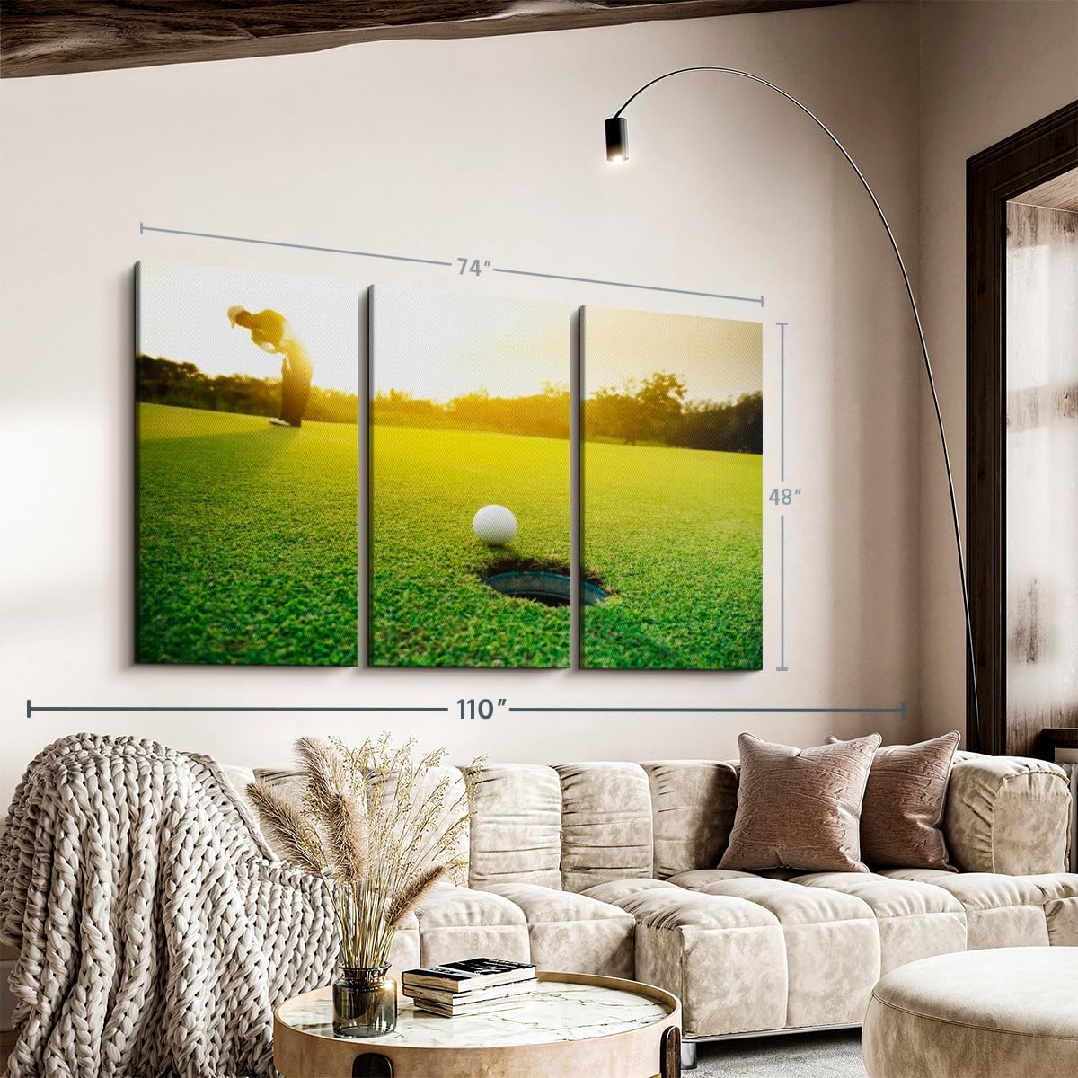 ElephantStock Golf Ball Strike Wall Art - Horizontal Canvas - 3-Piece Living Room Wall Decor - Photography Sports Canvas Print - Green and White Decor for Wall - 74" X 48"