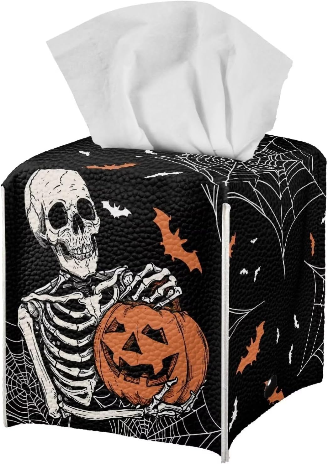 Halloween Tissue Holder for Bathroom Skull Pumkin Bat Spider Web Print Modern Decorative Tissue Box Case Organizer Holder with Bottom Belt Easy to Install Fits Square Tissues Box Covers